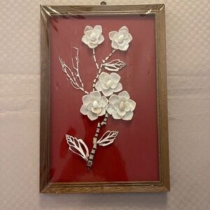 Vintage Handcrafted Wood Framed Shell Art With Red Background 12” X 8”.